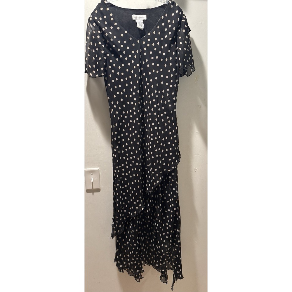 Citi Dress Black w/ White Polka Dot Fit & Flare S Midi Cascading Ruffle Hem 12